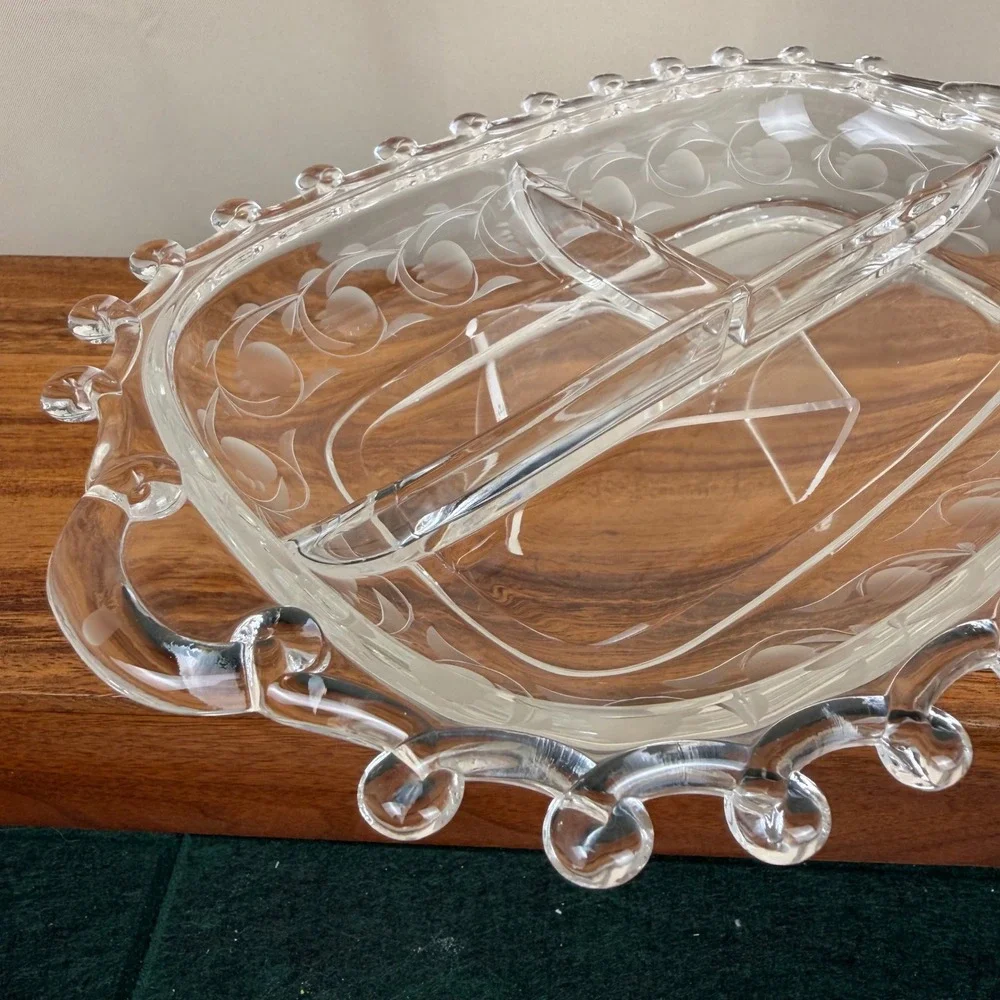Vintage Heisey Glass Moonglo Lariat Divided Relish Dish Clear Etched 3 Part Tray